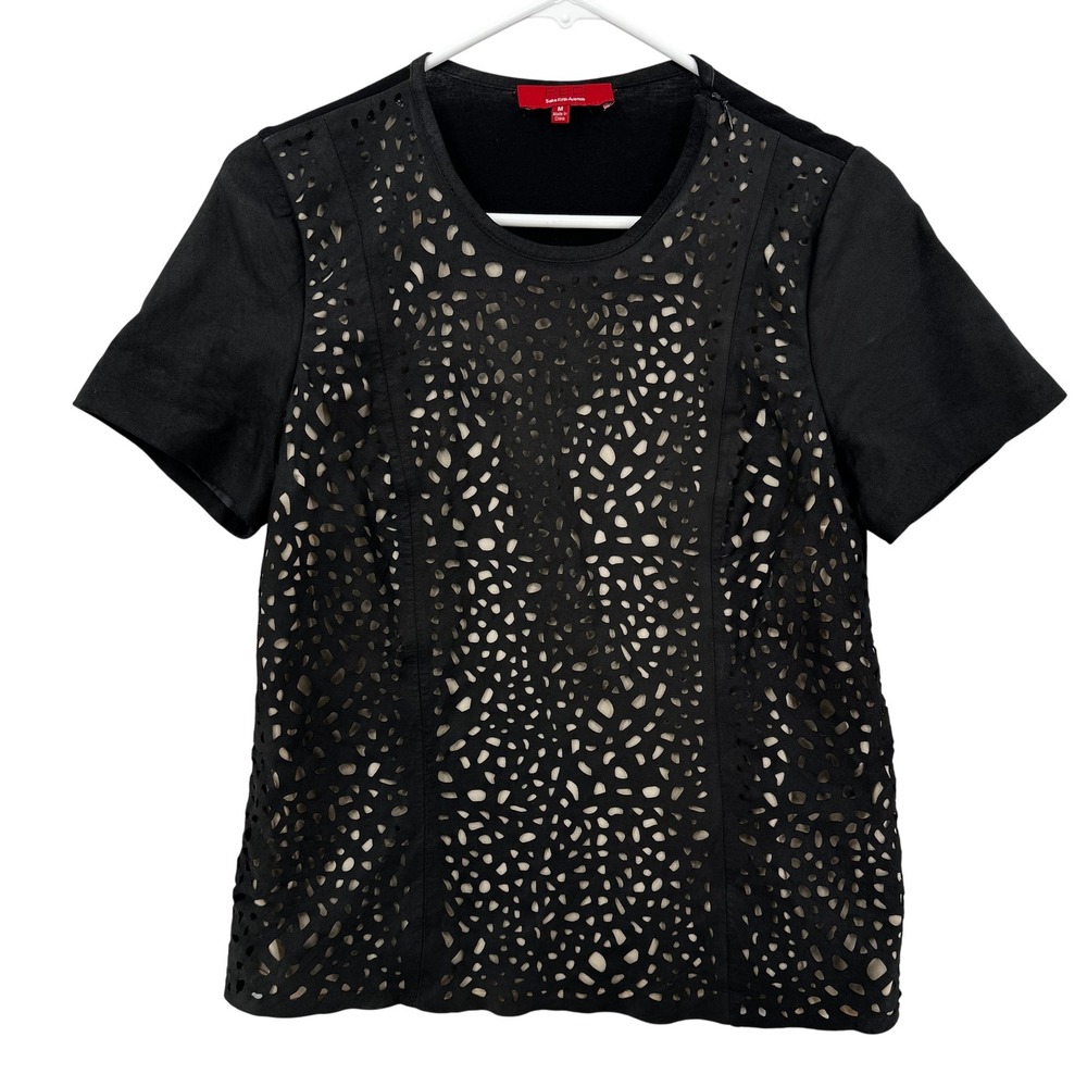 RED Saks Fifth Avenue Shirt Womens‎ Medium Black Leather Cutout Short Sleeve Top
